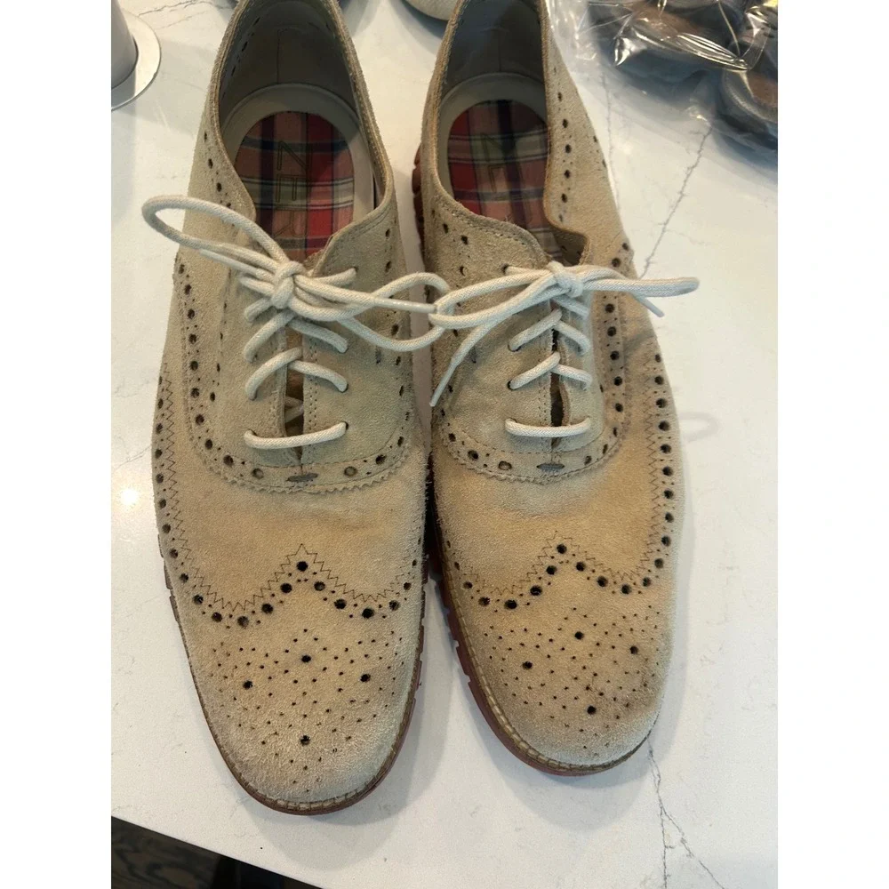 Cole‎ Haan Zerogrand Wingtip Oxfords Tan Suede Brogue Brick Red Sole Mens Shoes